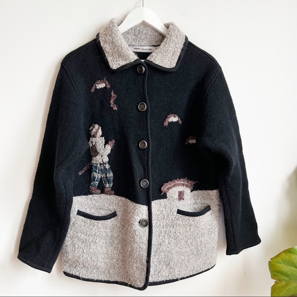 Vintage Jackets & Blazers - Vintage Gaddy Collection Wool Jacket Hand Framed Black Grey XL Print 95% Wool